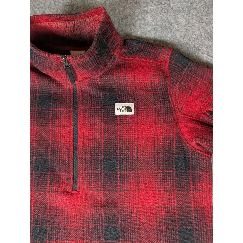 The North Face Mens Red Black Buffalo Plaid 1/4 Zip Sherpa Lined Fleece Pullover